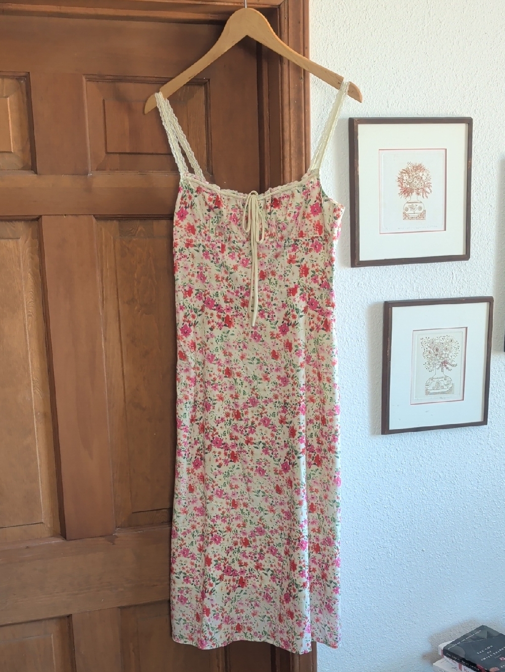 NWOT Commense Floral Midi Slip Dress in Cream and Pink